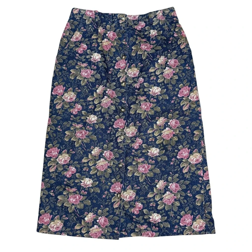 Orvis Floral Denim Jean Jacket Skirt Set Roses Button Up Y2K Cottagecore Grandma - Picture 11 of 16